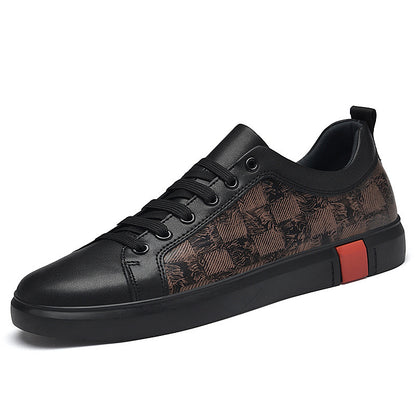Black and brown patterned sneaker with a red accent on a white background