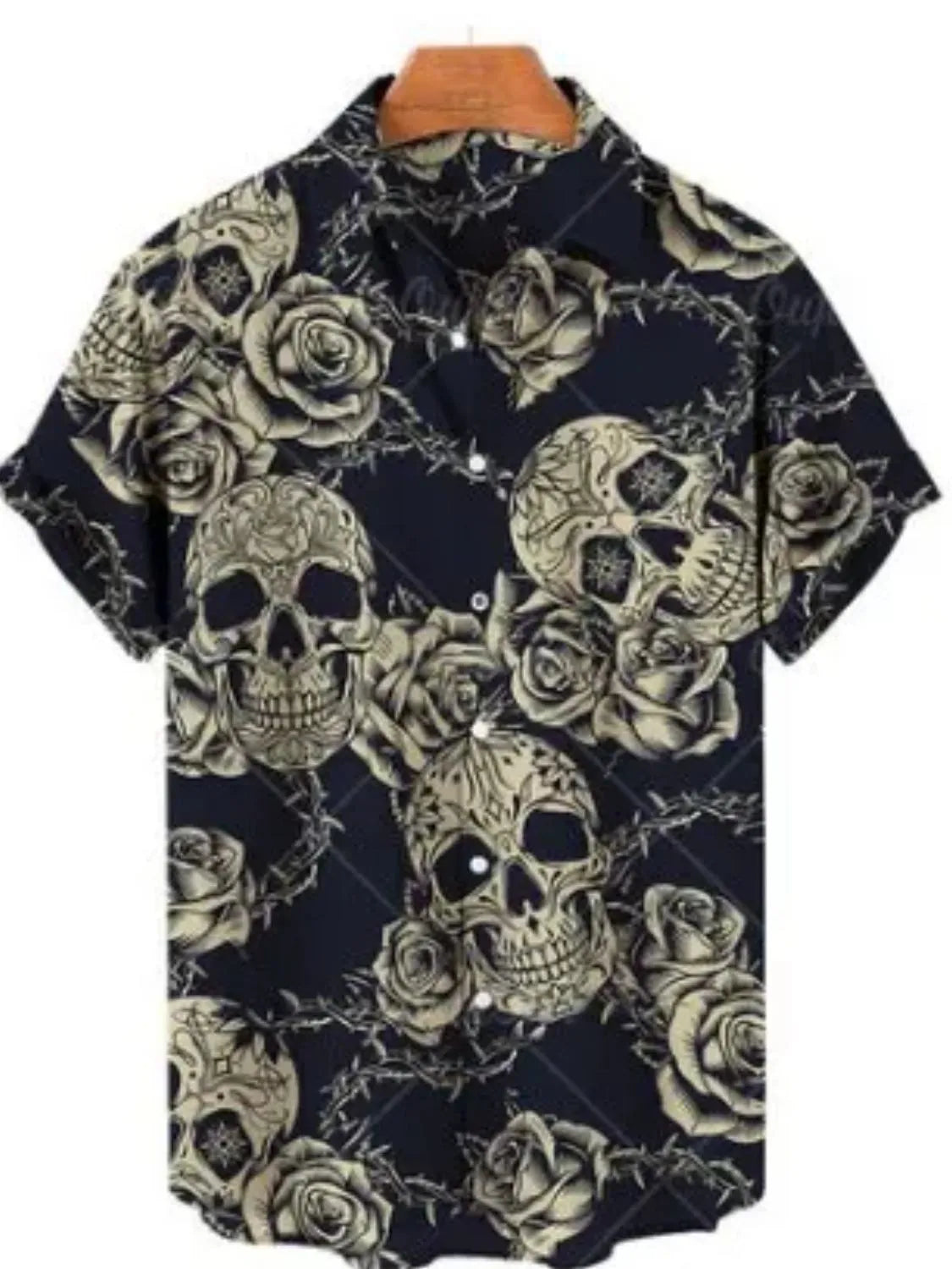 Short-sleeve shirt with skull and rose pattern on a white background