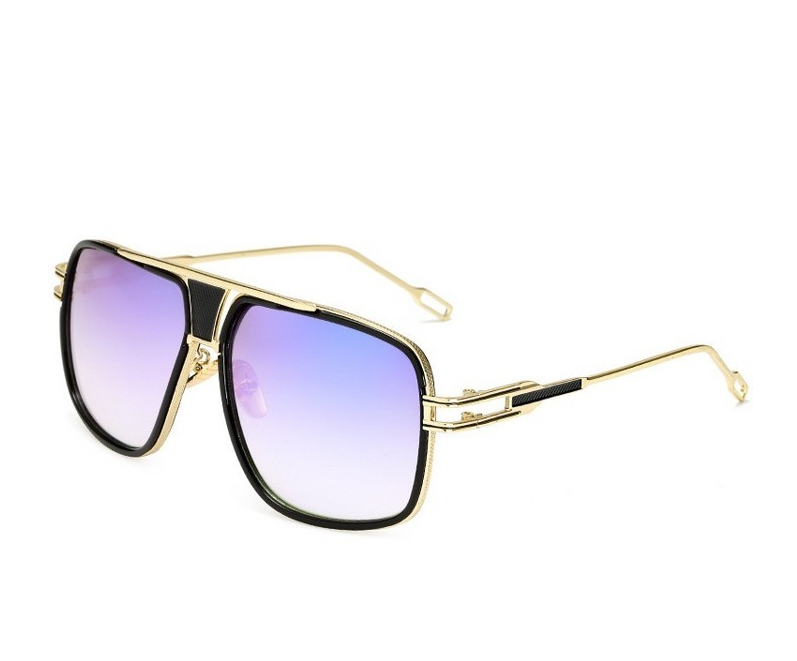 Sunglasses with gold frame and purple gradient lenses on a white background