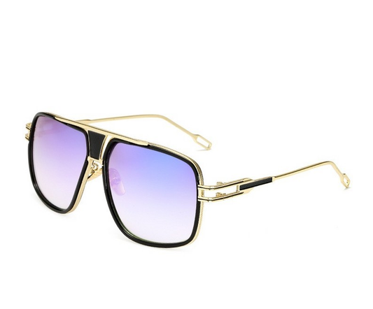 Sunglasses with gold frame and purple gradient lenses on a white background