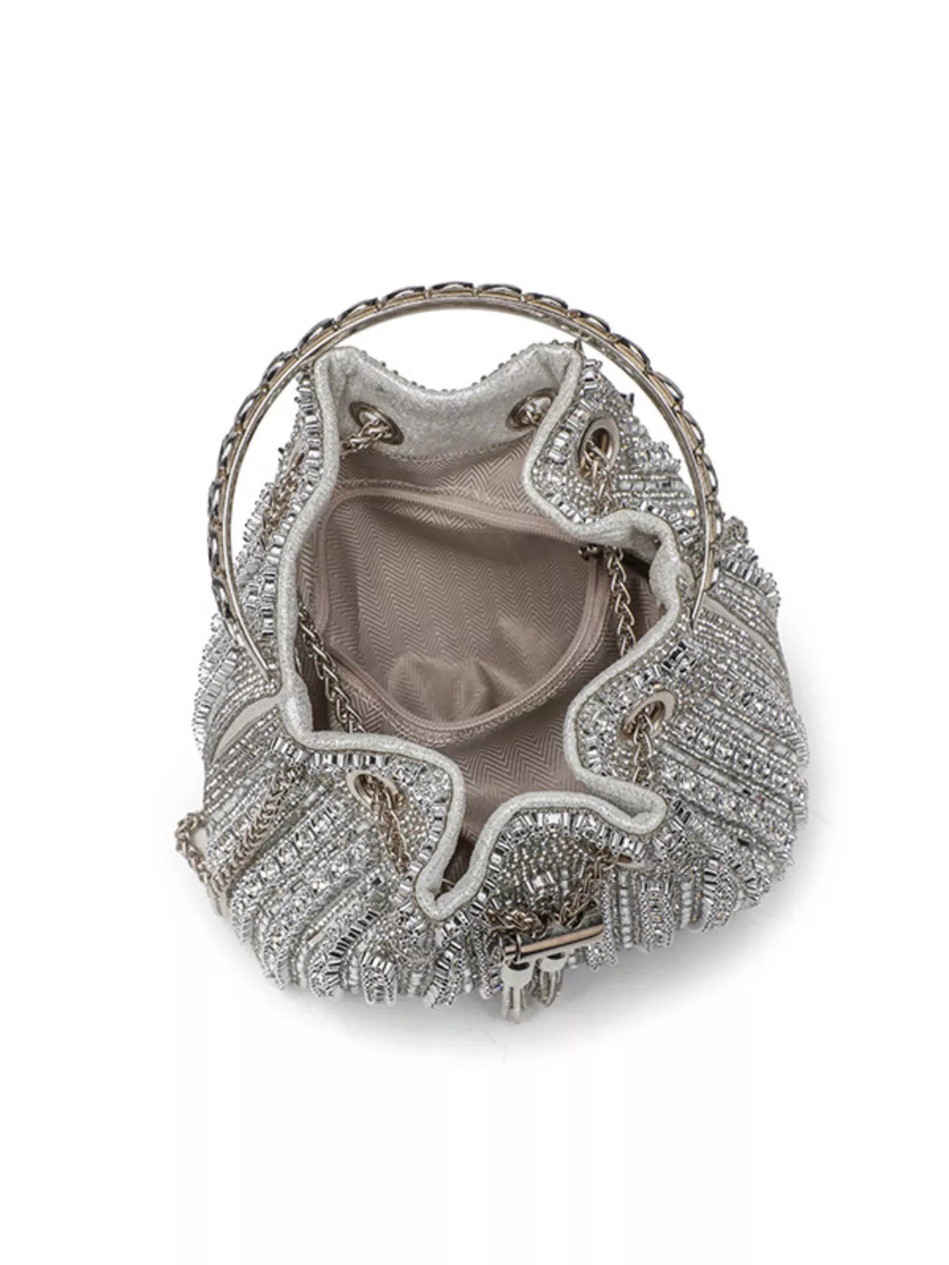Silver beaded handbag on a white background