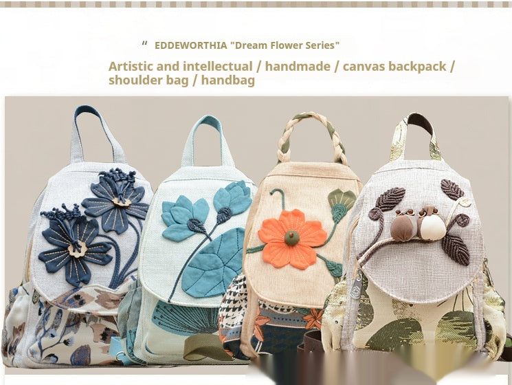 Four artistic and intellectual handmade canvas bags with floral designs on a beige background.