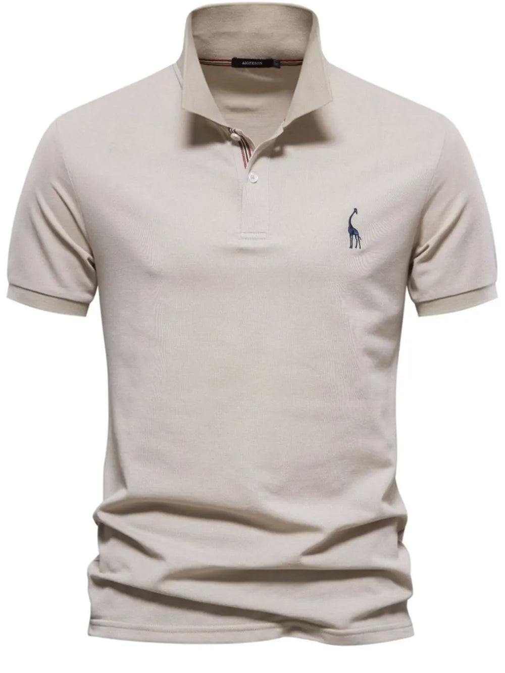 Beige polo shirt with a small logo on a white background