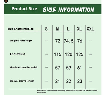 Size chart for clothing with measurements in centimeters