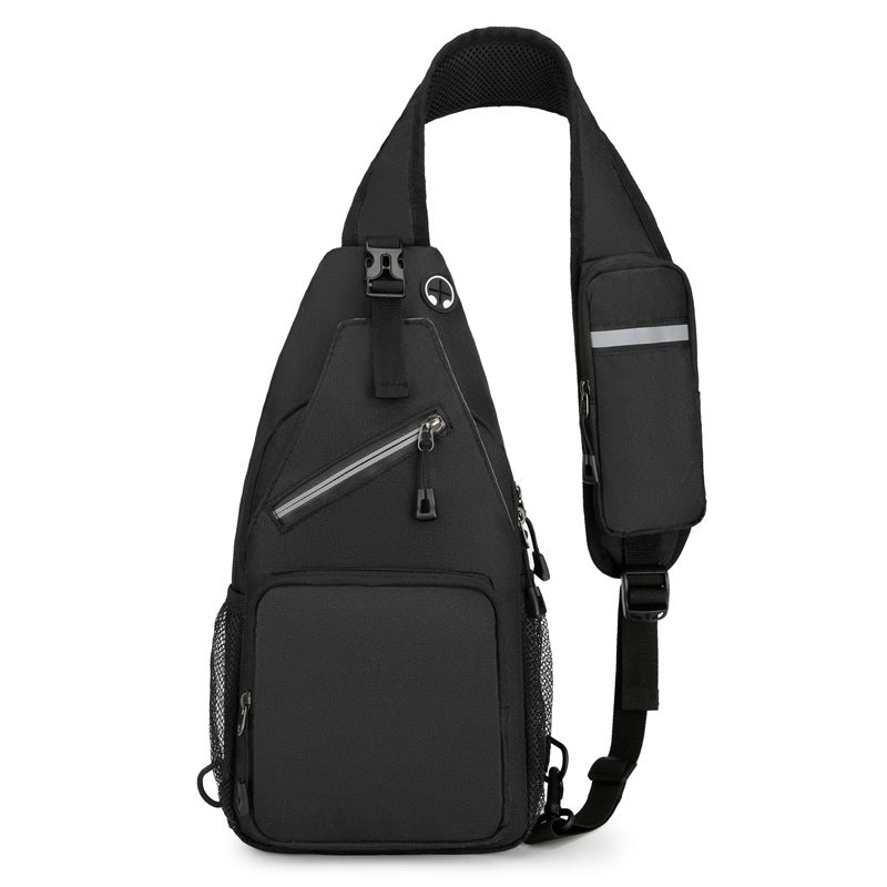 Black sling bag with zippers on a white background