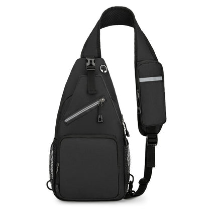 Black sling bag with zippers on a white background