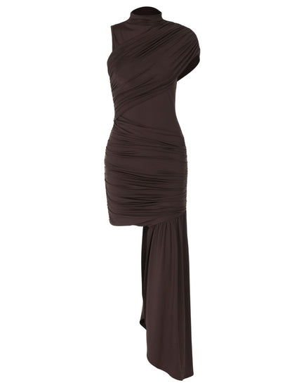 Brown draped dress on a white background
