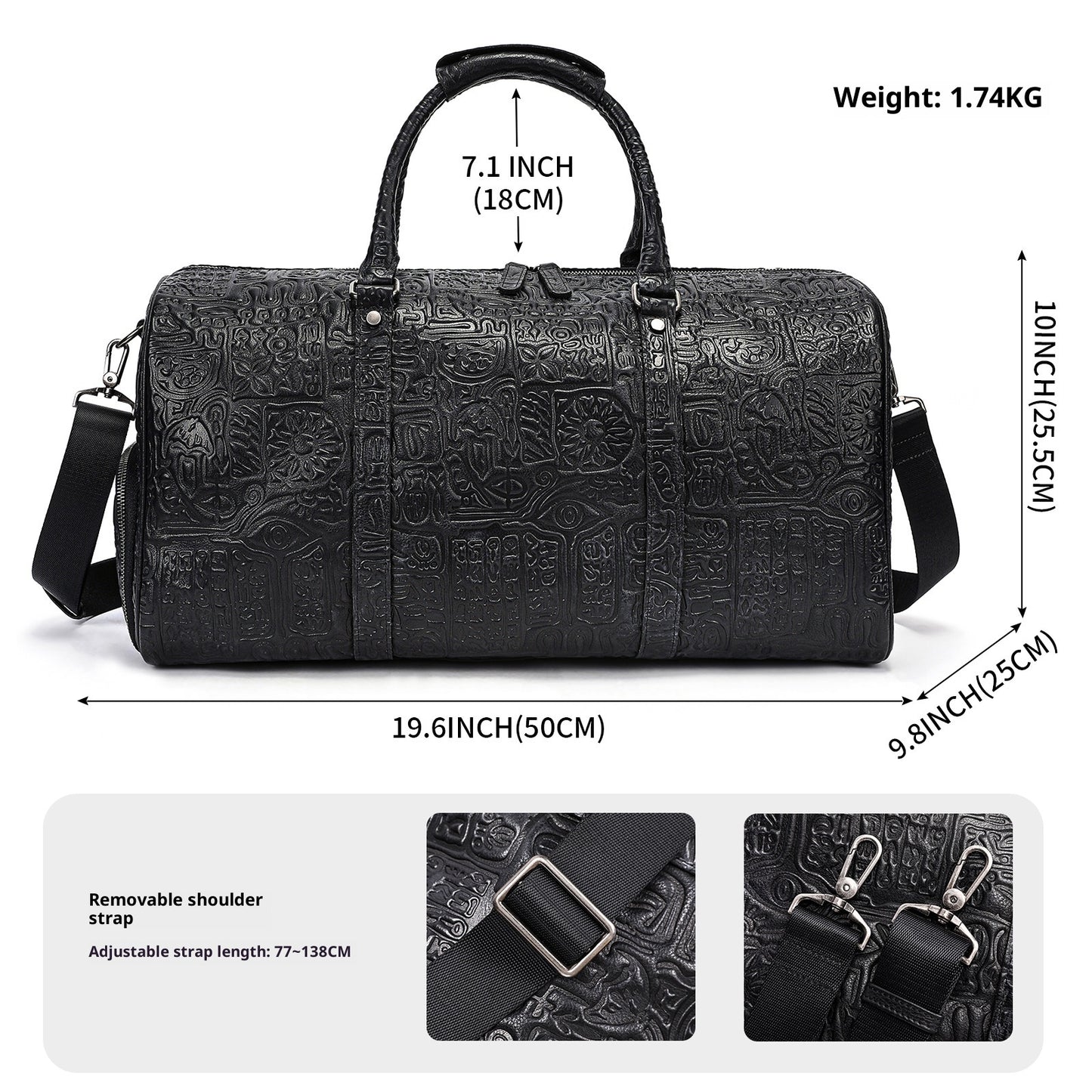 Black duffel bag with measurements and strap details on a white background
