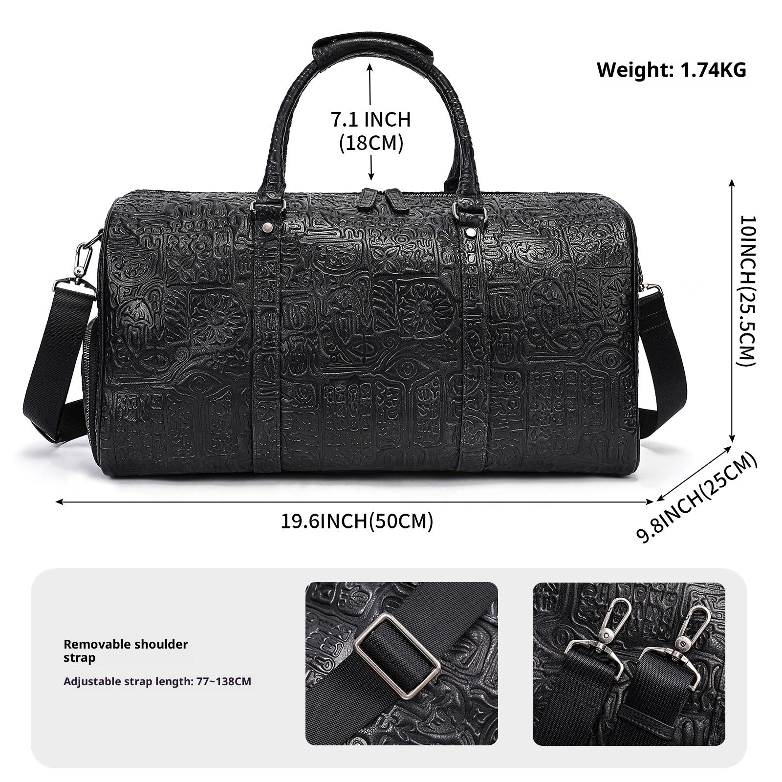 Black duffel bag with measurements and strap details on a white background
