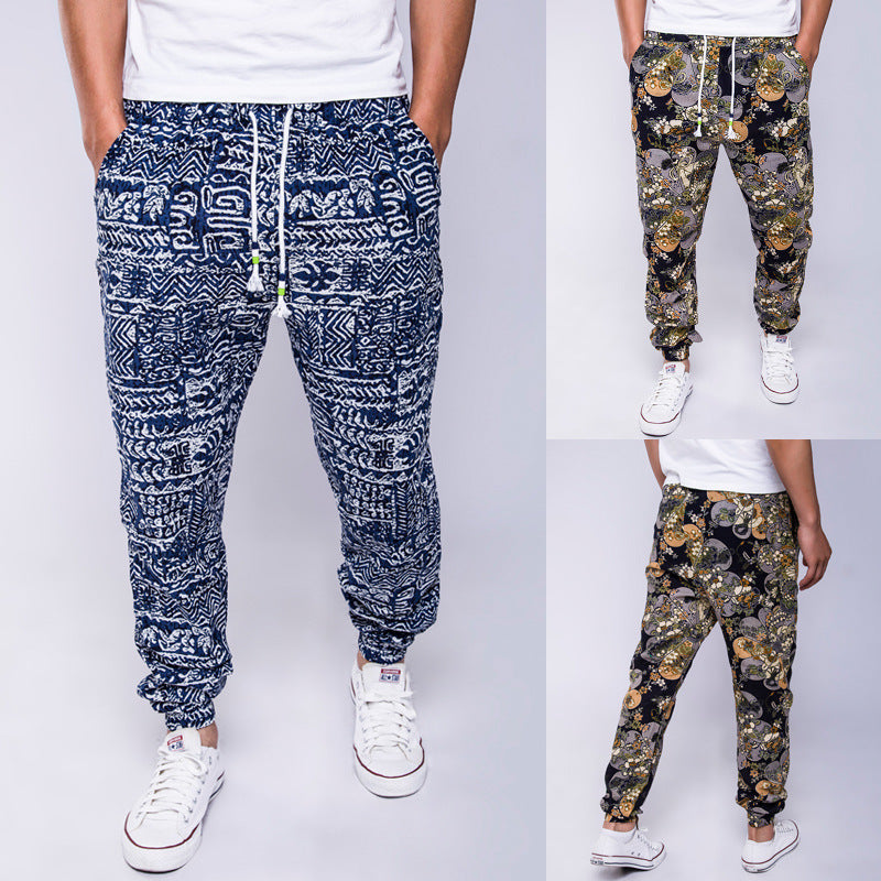 Three pairs of patterned jogger pants worn by models on a plain background