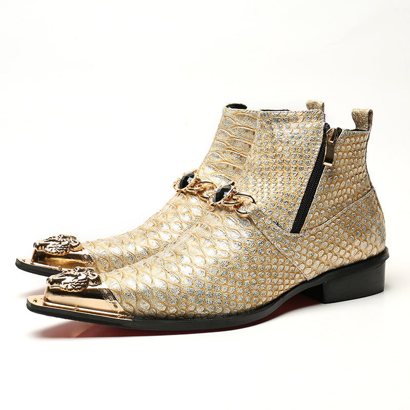 Gold patterned ankle boots with decorative elements on a white background
