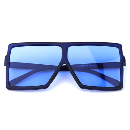 Blue sunglasses with a black frame on a white background