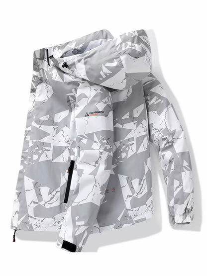 Gray and white patterned jacket on a white background