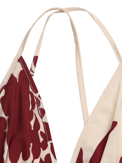 Beige and red patterned apron with straps on a white background