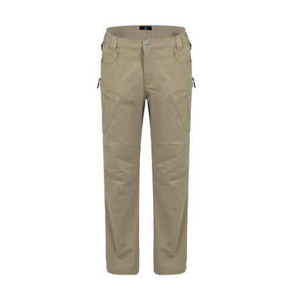 Beige pants with multiple pockets on a white background