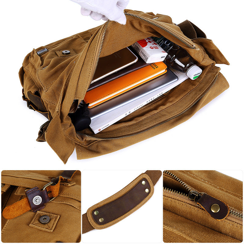 Brown backpack with compartments and a close-up of details on a white background