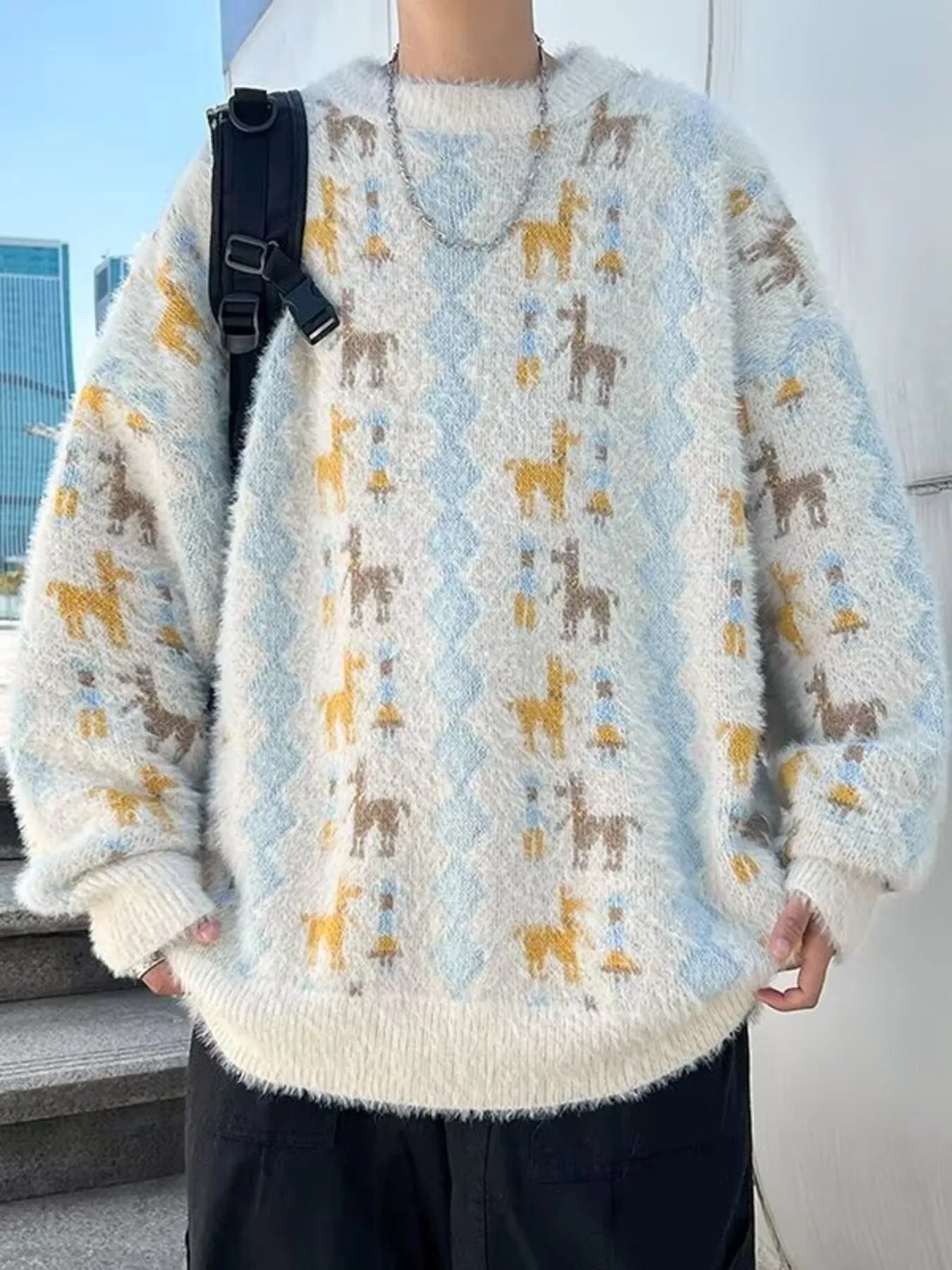 Person wearing a sweater with animal pattern outdoors