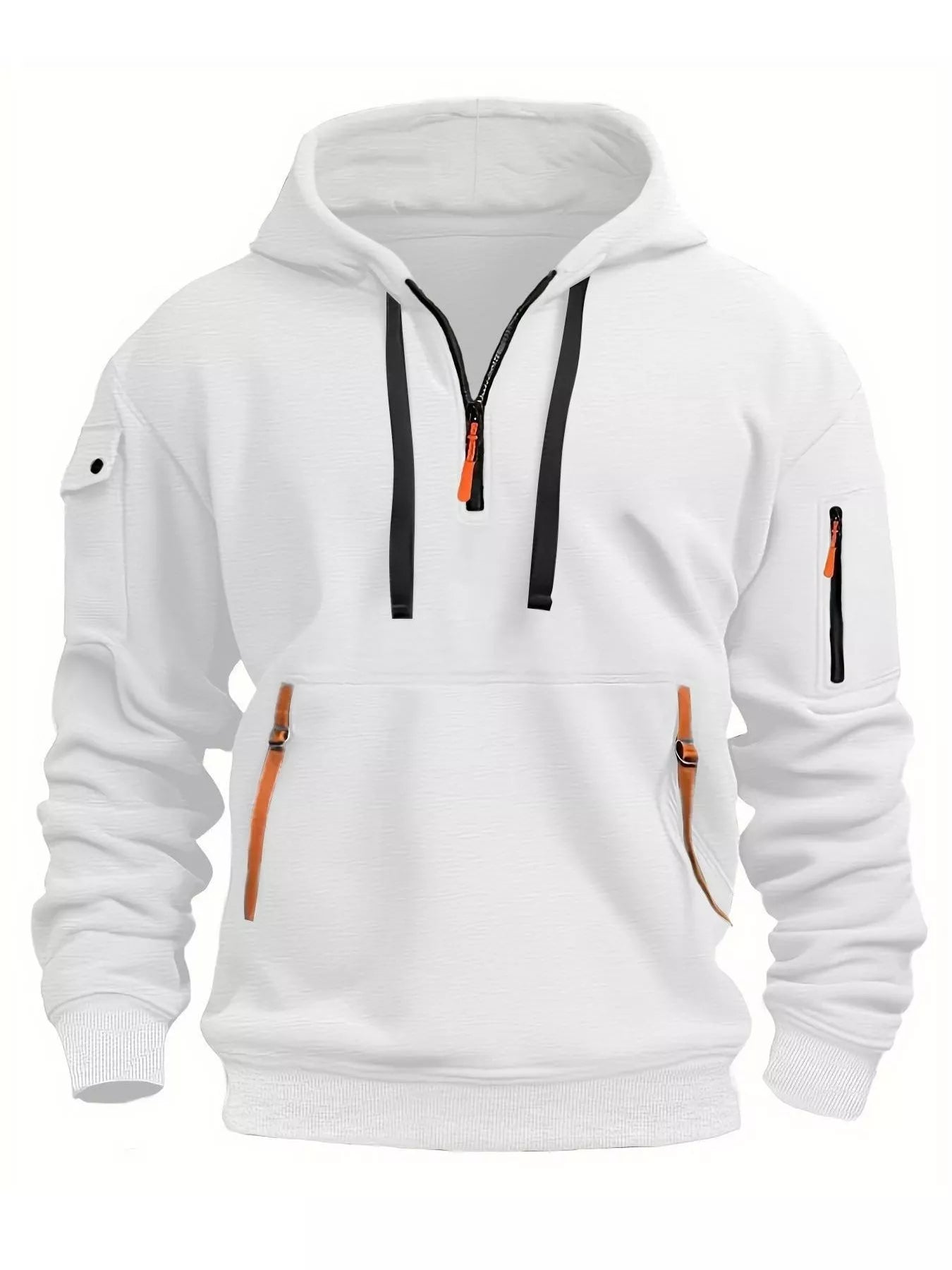 White hoodie with black and orange accents on a white background