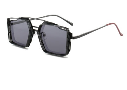 Black sunglasses with a unique frame design on a white background