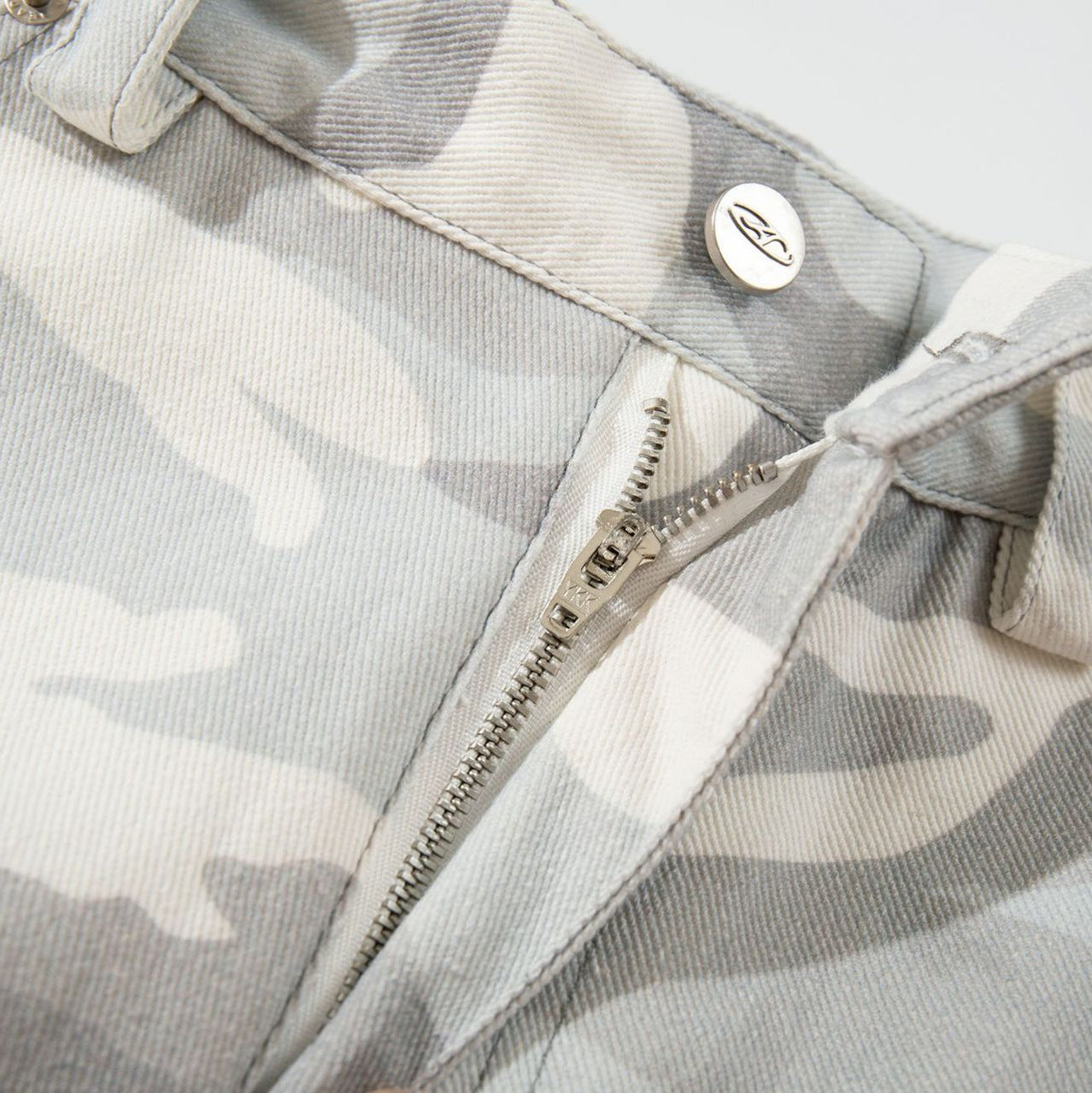 Close-up of a camouflage-patterned jacket with a zipper and button detail.