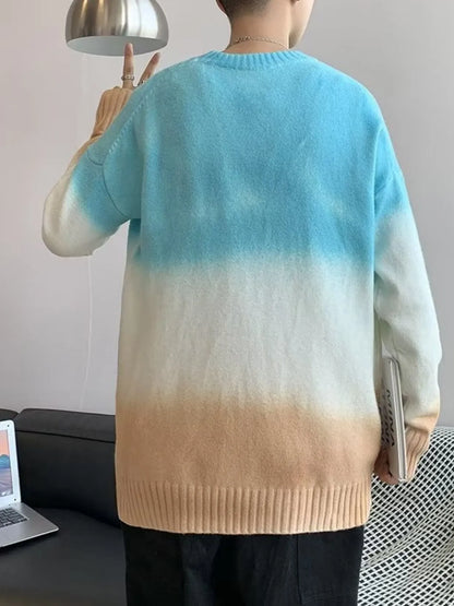 Person wearing a gradient sweater in a home setting