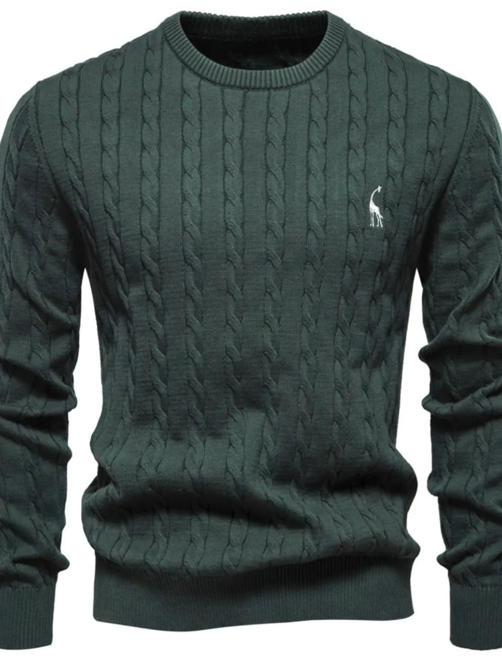 Dark green cable knit sweater with a small logo on a plain background