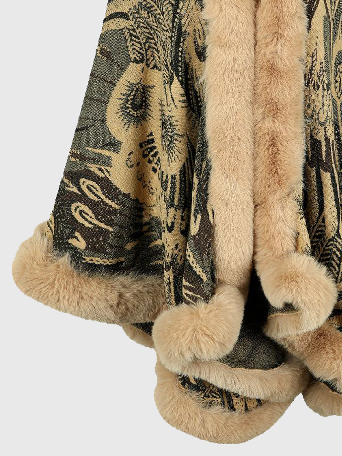Textured fabric with floral patterns and beige fur trim on a white background
