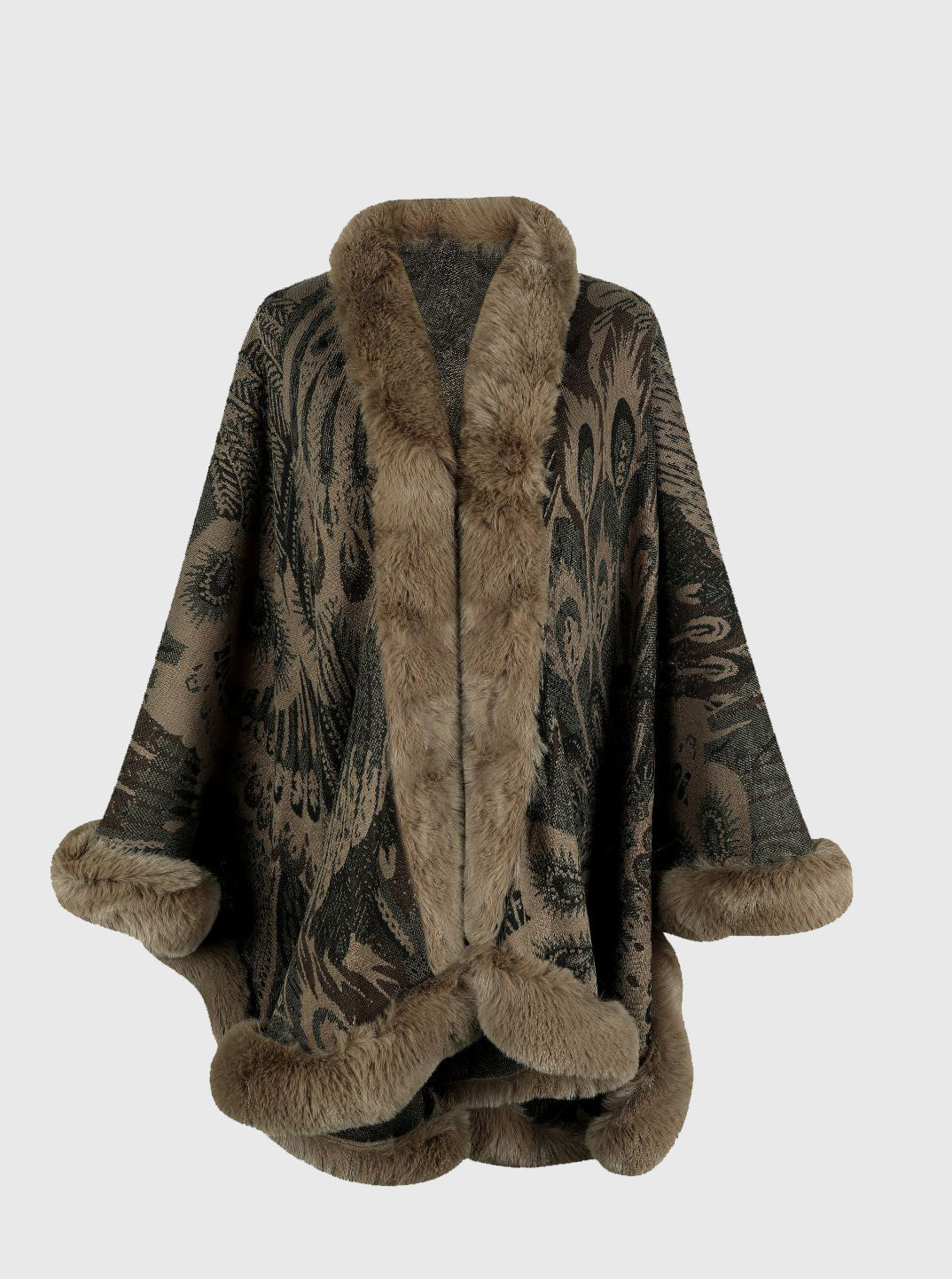 Brown fur coat with intricate patterns on a white background