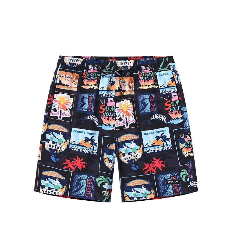 Colorful beach shorts with graphic designs on a white background
