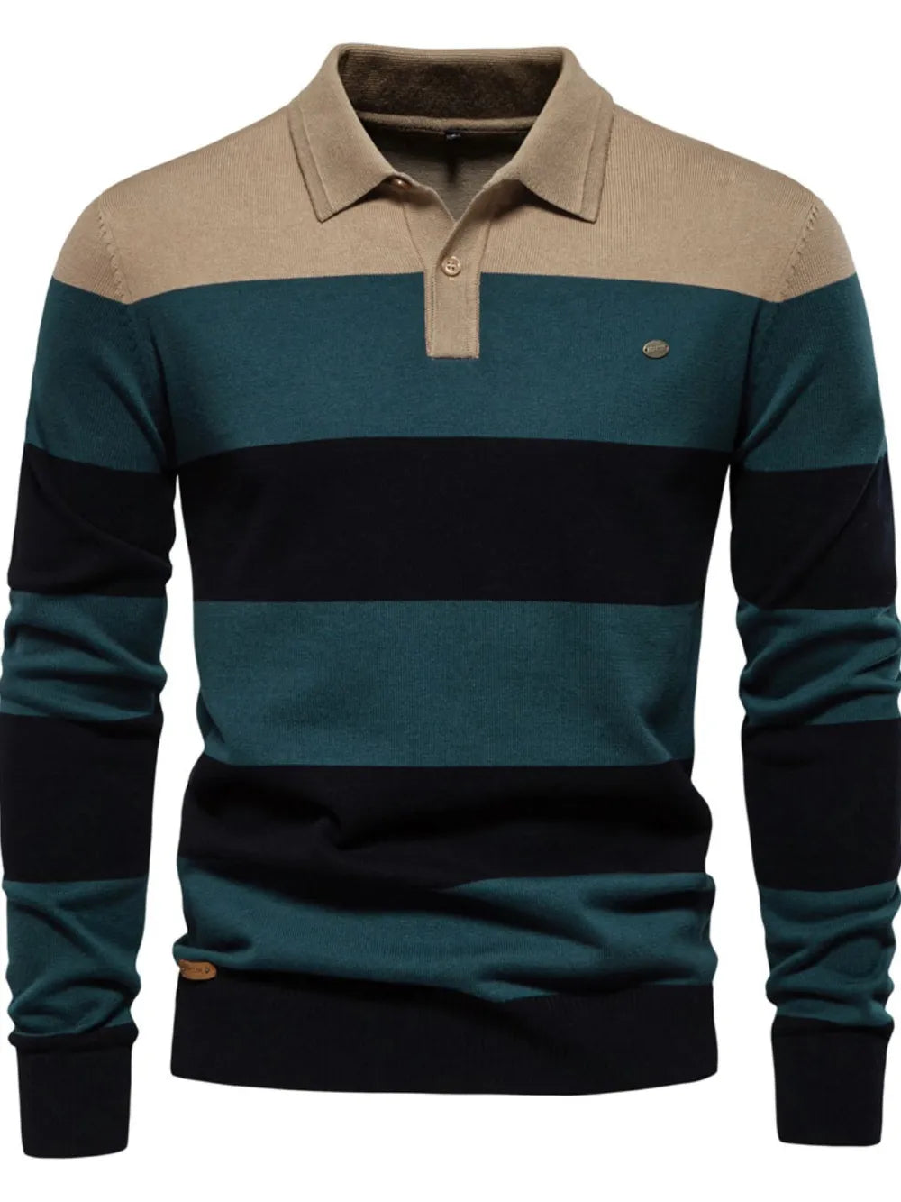 Long-sleeve polo shirt with horizontal stripes in beige, green, and black on a white background.