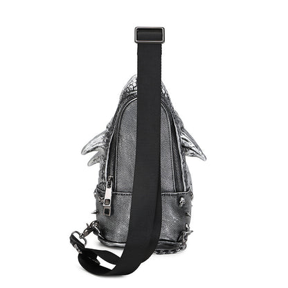 Silver backpack with black strap on a white background