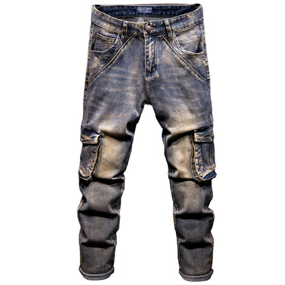 Distressed blue jeans on a white background