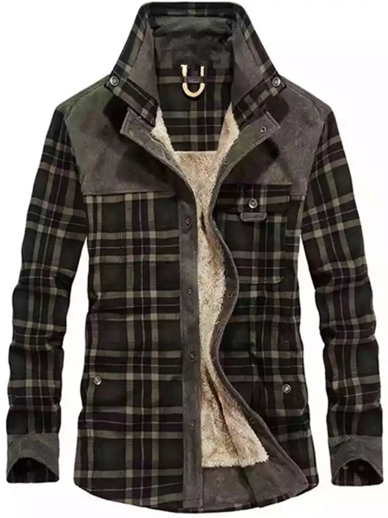 Plaid jacket with sherpa lining on a white background