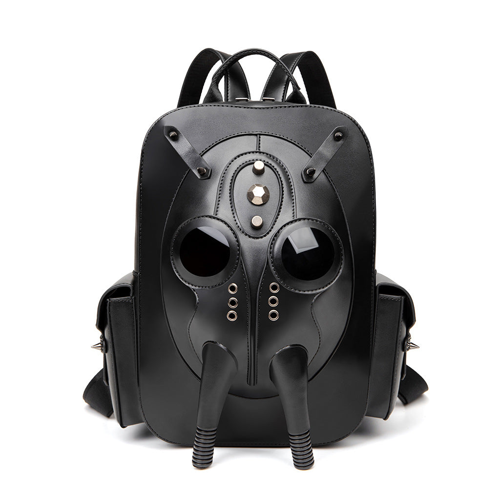 Black backpack with bird mask design on a white background