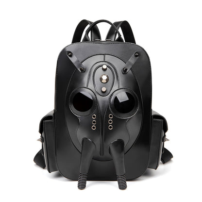 Black backpack with bird mask design on a white background