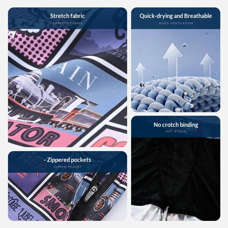 Collage of features including stretch fabric, quick-drying, breathable material, no crotch binding, and zippered pockets.