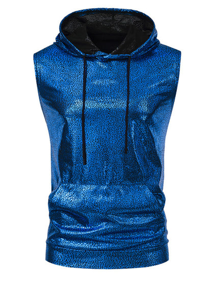 Blue sleeveless hoodie with black drawstrings on a white background