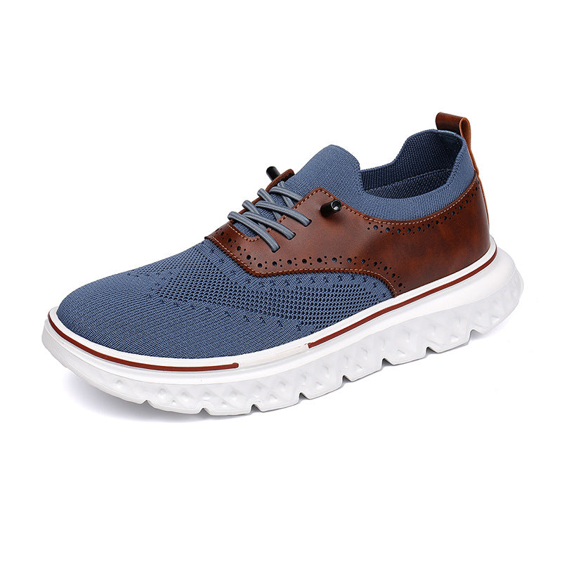 Blue and brown sneaker with white sole on a white background