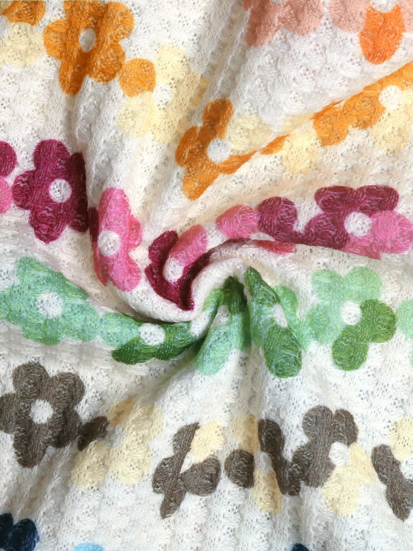 Close-up of a floral-patterned fabric with multicolor flowers.