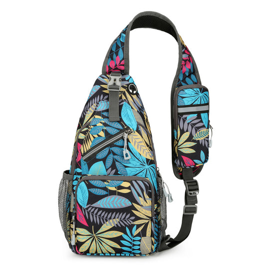 Sling bag with colorful leaf pattern on a white background