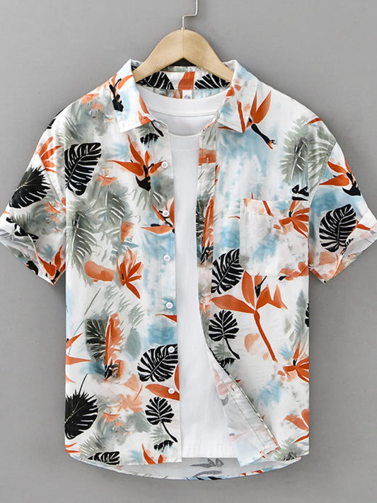 Floral patterned shirt on a hanger against a gray background