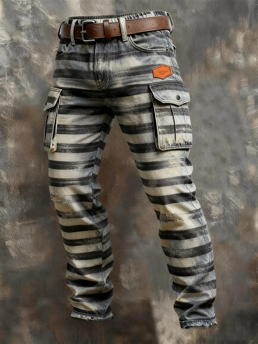 Striped jeans with a brown belt on a textured gray background