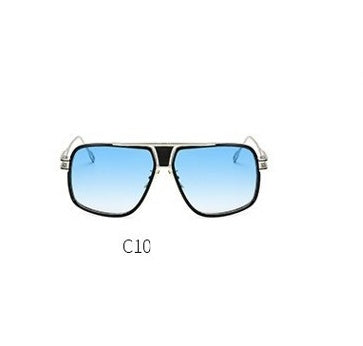 Sunglasses with blue lenses and gold frame on a white background