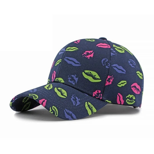 Navy blue cap with colorful lip print on a white background