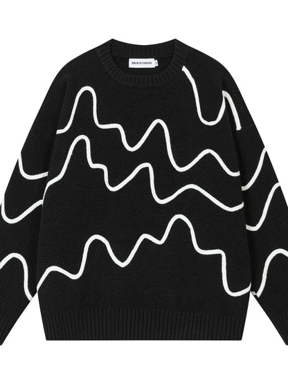Black sweater with white wavy lines on a white background