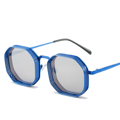 Blue sunglasses with mesh design on a white background