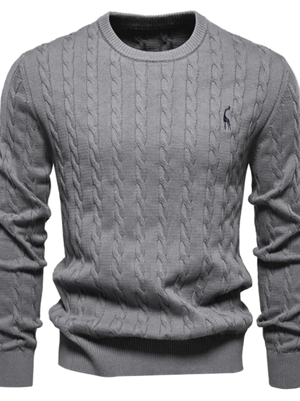 Gray cable knit sweater with a brand logo on a white background