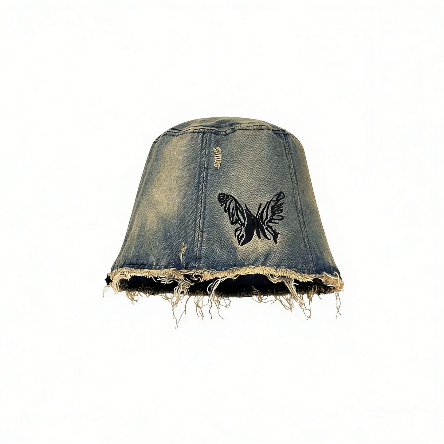 Denim lampshade with a butterfly design on a white background