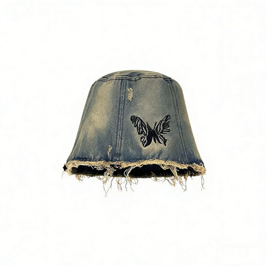 Denim lampshade with a butterfly design on a white background