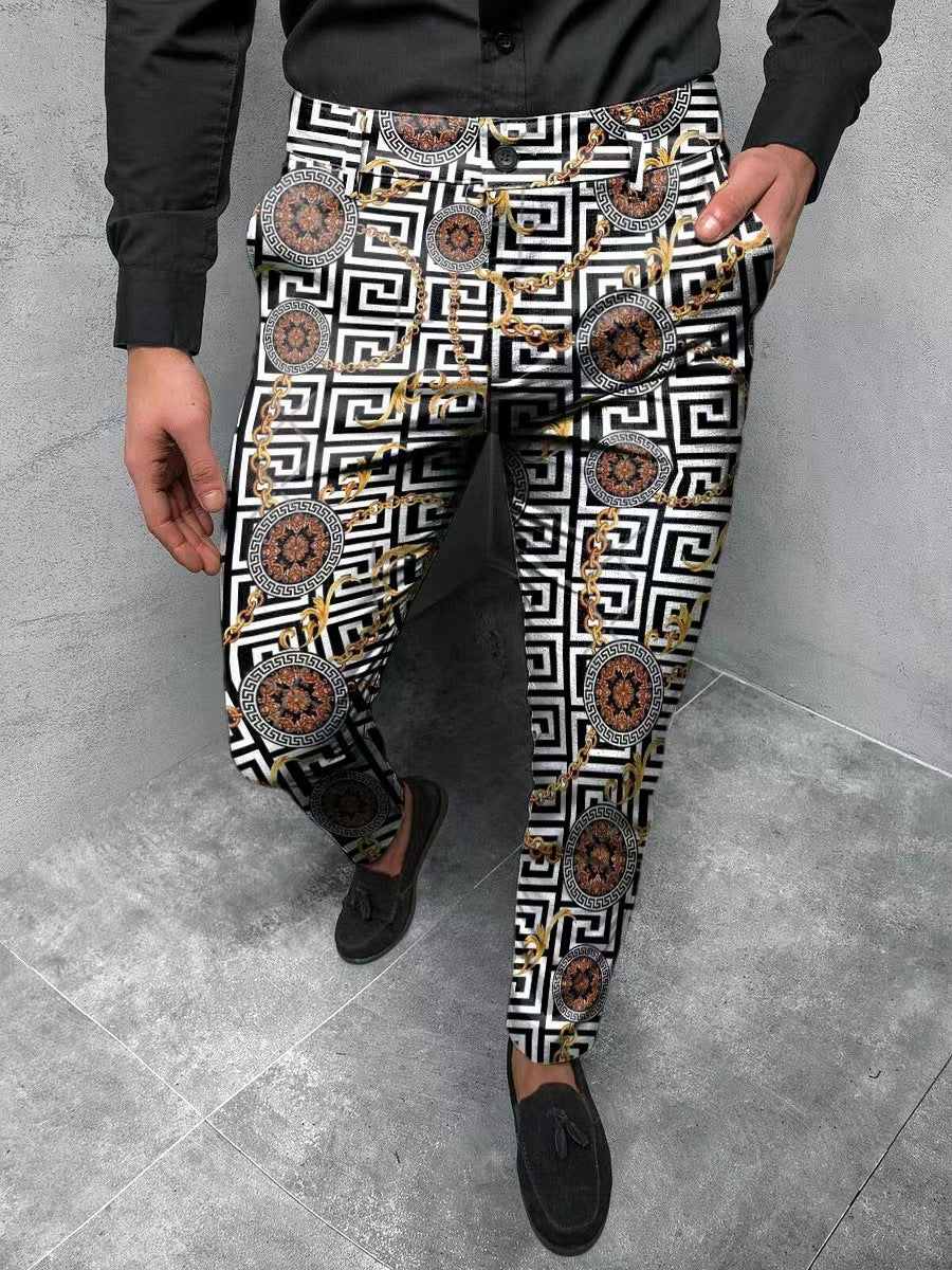 Person wearing patterned pants on a gray floor